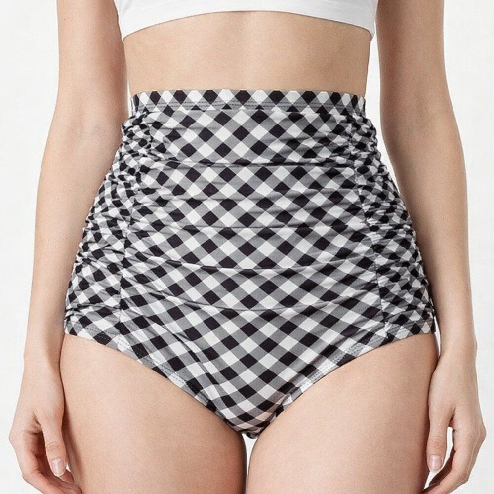 Unique Vintage Black & White Gingham Monroe Bikini BOTTOM L
